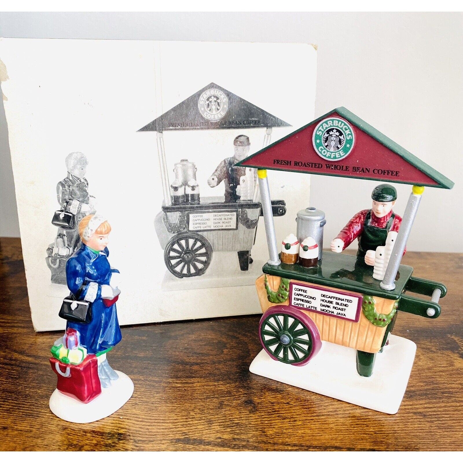 Department 56 Starbucks Coffee Cart Christmas Village Figures Handpainted  Retired 